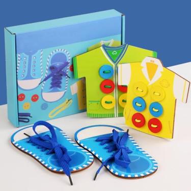 Imagem de Generic Roupas de Madeira Sapatos Laço Brinquedos Kit Habilidades Básicas Brinquedo para Crianças Coordenação Olho Mão, Laço de Madeira Jogo para o Jardim de Infância (Tipo de meninos)