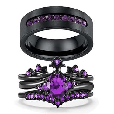 Imagem de Ringcrown Anéis de casal coroa preta combinando conjuntos de anéis de casamento azul CZ conjuntos de alianças de casamento femininas para ele e ela alianças de casamento, women size7 & men size12,