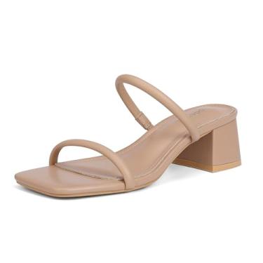 Imagem de Goderci Sandália feminina de salto baixo com bloco grosso, duas tiras, bico aberto, sem cadarço, salto mule, Nude., 40