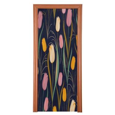 Imagem de Wassud Capa para porta, decoração de tulipas coloridas grandes 96 x 98 polegadas, faixa elástica para porta interna para varanda e porta da frente