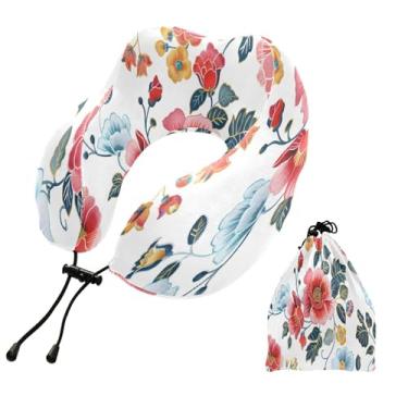 Imagem de CEBUGI Travesseiros de viagem portáteis em forma de U, travesseiro de pescoço de espuma viscoelástica com trava de corda ajustável para avião, viagem, trem, negócios, escritório, soneca (florais)