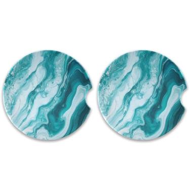 Imagem de CEBUGI 2 peças de porta-copos de carro para porta-copos de cerâmica de 6,3 cm com entalhe de dedo absorvente porta-copos de carro azul-petróleo branco mármore padrão acessórios de carro para mulheres