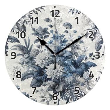 Imagem de WELLDAY Relógio de parede sem tique-taque 25,4 cm - Exotic Flowes azul operado por bateria quartzo silencioso relógio redondo para casa/escritório/cozinha/sala de aula