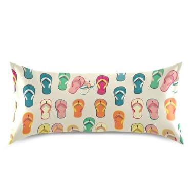 Imagem de xigua Fronha de cetim com padrão de chinelos coloridos para cabelo e pele lavável na máquina almofada de cetim refrescante king capa de travesseiro com fecho de envelope, 50,8 cm x 101,6 cm