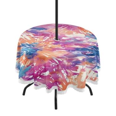 Imagem de CEBUGI Toalha de mesa redonda para uso externo, colorida, tingida, impermeável, com furo Umberlla, capa de mesa lavável para pátio, cozinha, sala de jantar, 152 cm