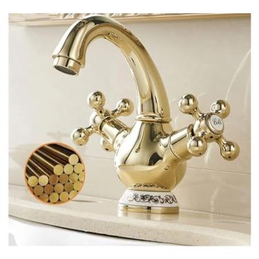 Imagem de Torneira de lavatório, torneira de lavatório de água quente e fria misturada com alça dupla cromada cerâmica decoração torneira misturadora torneira de pia de banheiro