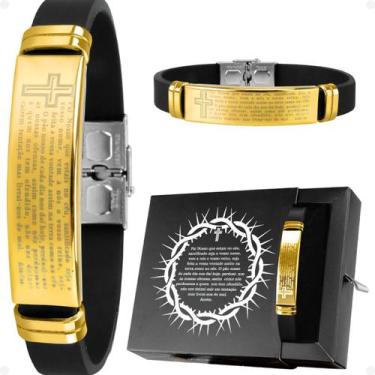 Imagem de pulseira masculina aço banhada pai nosso ouro placa qualidadde premium