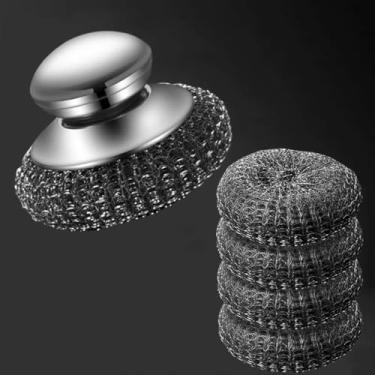 Imagem de Escova de aço inoxidável de cabo curto com 4 almofadas intercambiáveis – Ferramenta de cozinha resistente para panelas, frigideiras, grelhas e resíduos persistentes, durável e à prova de ferrugem