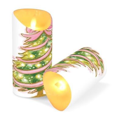 Imagem de ATTX Pacote com 2 velas sem chama para árvore de Natal com laço rosa - 7,6 cm x 9,9 cm de LED com controle remoto e temporizador para casa, casamento, decoração de acampamento #224