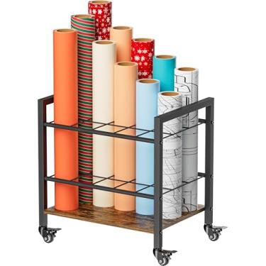 Imagem de Tigerden Carrinho de armazenamento de plantas, 15 compartimentos de metal com rodas e almofadas ajustáveis, organizador vertical de papel de embrulho para mapas pôsteres planos de construção