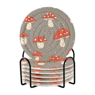 Imagem de SEHANY Conjunto de 6 porta-copos de cogumelos florestais com suporte, porta-copos redondos absorventes de algodão resistente ao calor para mesa de jantar, canecas de café, 10 cm