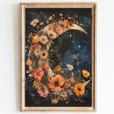 Imagem de Arte de parede em tela vintage com flores da lua, arte celestial, imagem floral temperamental, pintura acadêmica, paisagem noturna, arte de parede, impressão colorida de flores silvestres, imagem