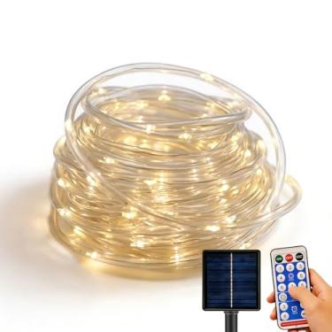 Imagem de Luzes de corda solar ao ar livre – 200 luzes LED à prova d'água com controle remoto, temporizador e 8 modos, tubo branco quente sem emaranhamento para jardim, árvores, pátio e caminho