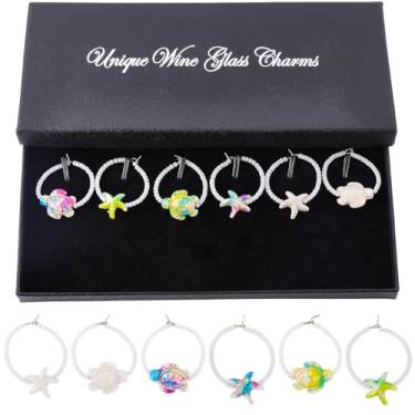 Imagem de SUNNYCLUE 1 caixa com 6 estilos pingentes de vinho do oceano tartaruga pingentes de taça de vinho verão oceano bonito turquesa estrelas do mar etiqueta identificador para lembrancinhas de festa de
