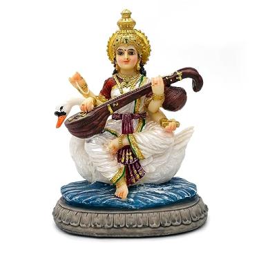 Imagem de Item de presente indiano Estátua Saraswati - 14 cm A Saraswati Puja Diwali Presentes Pooja Vasant Panchami Home Office Templo Mandir Altar Yoga Studio Meditação Decoração de Quarto de Casamento Índia