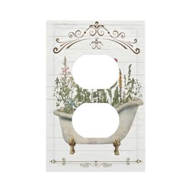 Imagem de Tulpock Capa de interruptor de luz floral de casa de fazenda de flores rústicas decorativas de madeira branca botânica placa de parede Switchpalte tomada elétrica para banheiro, cozinha, casa, 12,7 x