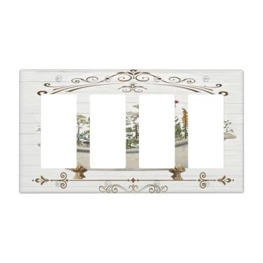 Imagem de Tulpock Capa de interruptor de luz floral rústica para casa de fazenda decorativa country madeira branca botânica 4 gangues quadriciclo balancim placa de parede Switchpalte tomada elétrica para