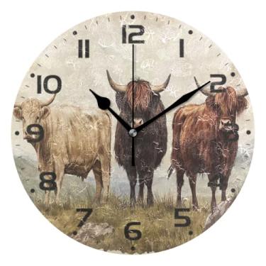 Imagem de Qilmy Highland Cattle Relógio de parede pequeno moderno 25 cm, operado por bateria, silencioso sem tique-taque, relógio analógico decorativo para casa, escritório, escola, quarto, banheiro e cozinha