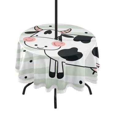Imagem de Qilmy Linda toalha de mesa listrada de vaca 152 cm redonda à prova d'água com orifício para guarda-chuva e zíper – uso externo / interno resistente para pátio, churrascos, piqueniques, festas (serve