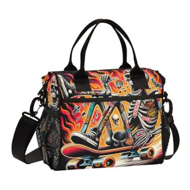 Imagem de ODAWA Lancheira Skull Skateboard Fire preta com alça de ombro para trabalho/escritório/piquenique
