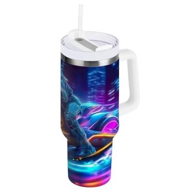 Imagem de ODAWA Copo grande à prova de derramamento com palha, copo com isolamento de aço azul para motocicleta neon com alça e canudo