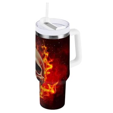 Imagem de ODAWA Copo grande com isolamento de parede dupla, copos de aço inoxidável com chama de caveira com alça e canudo