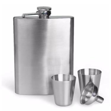 Imagem de Cantil de Bolso em Aço Inox – Com Copos e Funil, Portátil e Ideal para Bebidas em Viagens, Camping e Lazer