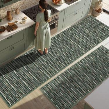 Imagem de Conjuntos de 2 tapetes de cozinha antiderrapantes para piso grosso resistente a manchas vintage tapete de cozinha tapete de corredor para corredores entrada lavanderia lavável (verde 61 x 200 cm + 51