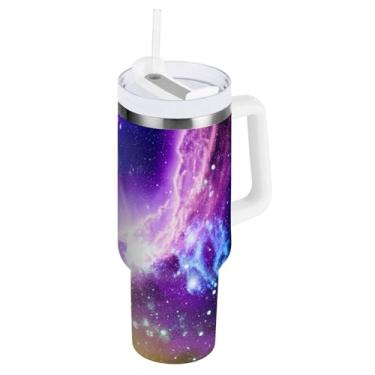 Imagem de ODAWA Copo de café grande para viagem com canudo e alça, copo isolado de parede dupla com nebulosa espacial
