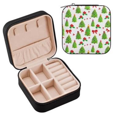 Imagem de Wassud Caixa de joias de viagem para árvore de Natal e laço para mulheres, meninas, senhoras, noiva, mini organizador de joias, de couro PU, caixa quadrada de armazenamento de joias para brincos