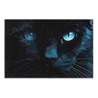 Imagem de Quebra-cabeças fofos de gato preto azul 1000 peças para adultos, quebra-cabeças difíceis para adultos com letras nas costas