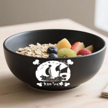 Imagem de Tigela de arroz grande de 946 ml com colher de garfo - Impresso The Silhouette of Strawhat Crew & Sunny Pattern, tigelas de cerâmica preta para ramen, cereal, macarrão, salada, frutas, CY (946 ml