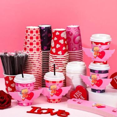 Imagem de Lallisa 50 conjuntos de copos de papel de café descartáveis para dia dos namorados com tampas, canudos e mangas, copos rosa para beber 340 g para chá de cacau quente, suprimentos para festas de fim de