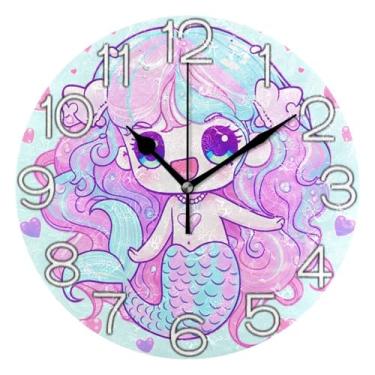 Imagem de GAIGEO Relógio de parede analógico decorativo quarto cozinha relógio moderno alimentado por bateria, sala de estar decoração de parede bonito azul rosa coração de sereia, 25 cm, ponteiros dourados