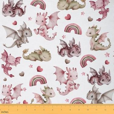 Imagem de jejeloiu Tecido de dragão fofo da The Yard 2 jardas tecido de estofamento rosa arco-íris para cadeiras, tema de conto de fadas para projetos de bricolage em casa, à prova d'água, decoração interna e