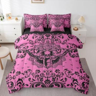 Imagem de Erosebridal Jogo de cama King com estampa de mariposa de Halloween em uma bolsa, 7 peças, rosa, preto, gótico, gótico, boêmio, damasco, floral, para crianças e adultos, conjunto de cama com estampa de