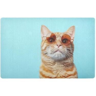 Imagem de TSENQUE Capacho divertido de gato laranja fofo personalizado para porta da frente, tapete externo de outono com suporte de borracha lavável, 81 cm x 50 cm