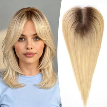 Imagem de EMMOR Topper de cabelo humano de 35,5 cm para mulheres com base amarrada à mão de 10 × 12 cm, cobertura de cabelo 100% real para queda de cabelo com 4 clipes antiderrapantes, apliques de cabelo de