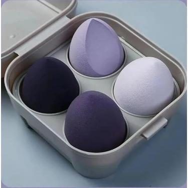 Imagem de Conjunto de esponja de maquiagem profissional (pacote com 4) - Esponja de beleza sem látex para base, corretivo e pó - Aplicação seca e úmida com caixa de presente