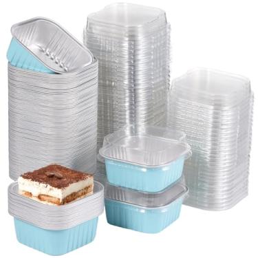 Imagem de Varku 100 peças de mini copos quadrados de 150 ml, caixas de bolo de folha de alumínio com tampas, formas descartáveis de cupcake, recipientes individuais de sobremesa para festas, casamentos