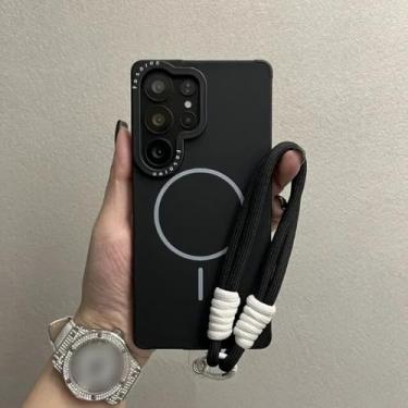 Imagem de Capa com alça de pulso para Samsung Galaxy S22 S23 S24 S25 Ultra Plus, carregamento sem fio, lente líquida, proteção de armação, preta, para S25