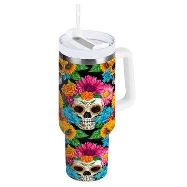 Imagem de Wassud Copo de caveira e girassóis com alça e tampa de canudo copo isolado garrafa de água de aço inoxidável à prova de vazamento caneca de viagem presentes para mulheres 850 g