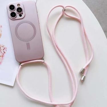Imagem de Capa magnética com alça transversal para iPhone 16, 15, 14, 13, 11, 12 Pro Max Plus XS XR, capa traseira macia de silicone, rosa, para iPhone 11 Pro Max