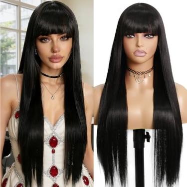 Imagem de ANDRIA Peruca preta com franja longa seda reta sintética natural peruca preta resistente ao calor cabelo de fibra diária e cosplay peruca completa sem noção para mulheres negras 61 cm
