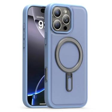 Imagem de SFDSUH Capa de celular dobrável com suporte, carregamento sem fio, em couro PU, com ímã e à prova de choque para iPhone 16 Plus (Azul Claro)