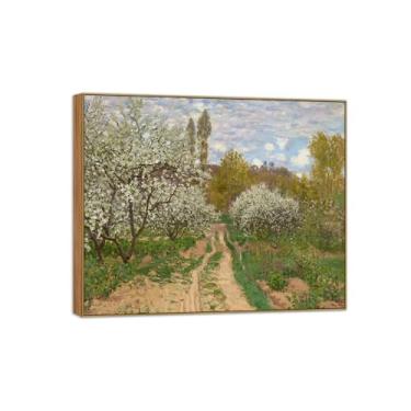 Imagem de Claude Monet Famosa impressão em tela de parede pronta para pendurar - macieiras em flor - pintura de moldura de madeira para decoração de sala de estar 40 x 50 cm 16 x 20 pol