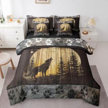 Imagem de Feelyou Conjunto de edredom com cama de lobo em uma bolsa, lobos uivando, 7 peças, para meninos e meninas, para decoração de quarto, lua e lobo