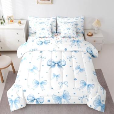 Imagem de Erosebridal Conjunto de edredom Queen com laço azul e branco | Jogo de cama fofo com laço de fita de coquete, 7 peças para meninas e crianças, lençol de cima, lençol de cima, com laço kawaii feminino