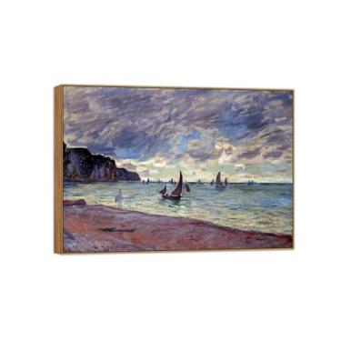 Imagem de BMZFYBS Impressão em tela de arte de parede famosa de Claude Monet pronta para pendurar barcos de pesca da praia - pintura de moldura de madeira para decoração de sala de estar 80 x 115 cm 31 x 45 pol