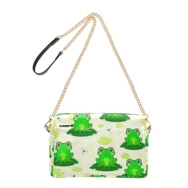 Imagem de Joitme Bolsa tiracolo feminina fofa sapos verdes bege animal celular bolsa de ombro de couro PU com alça de corrente